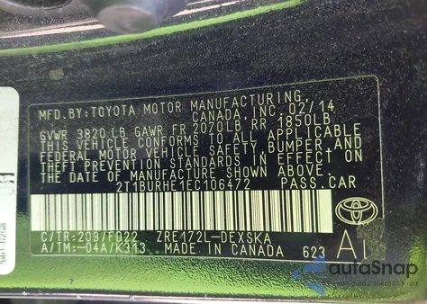 2014 Toyota Corolla L/Le/Le Pls/Prm/S/S Pls from USA, damaged, VIN 2T1BURHE1EC106472